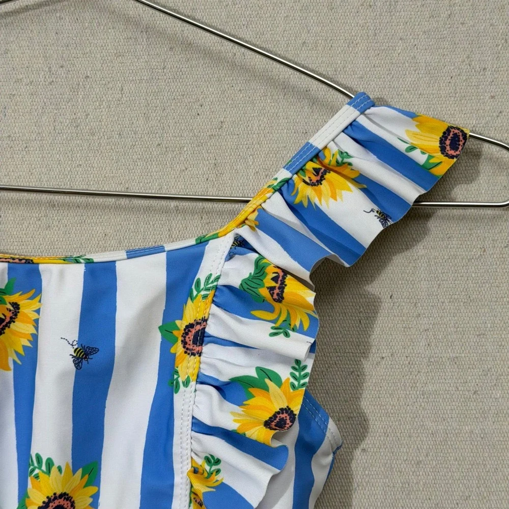 Tommy Bahama One Piece Swimsuit Girls 10 Blue Sunflower Ruffle Striped Bee Print